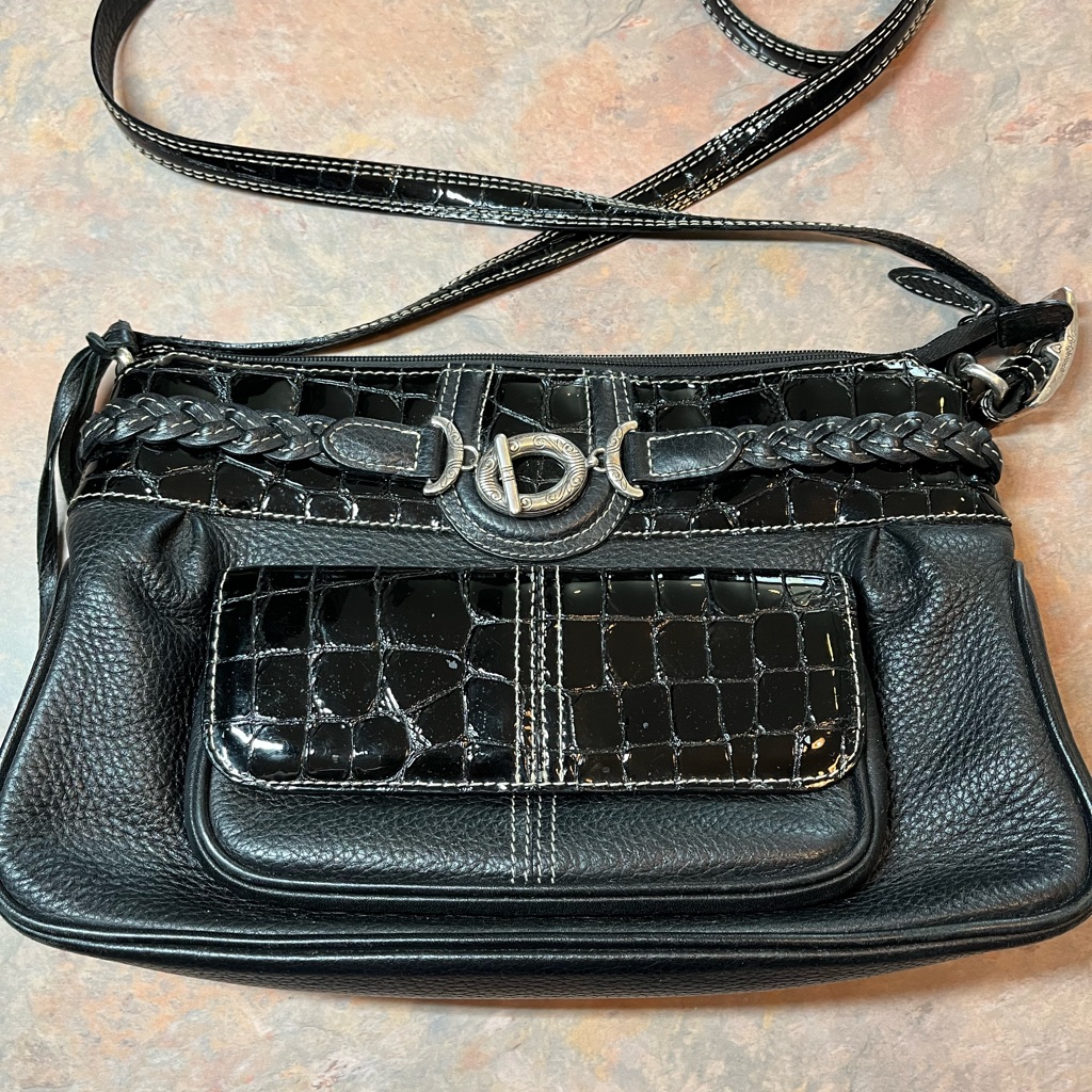Brighton Black Leather/Croc Organizer Shoulder Bag